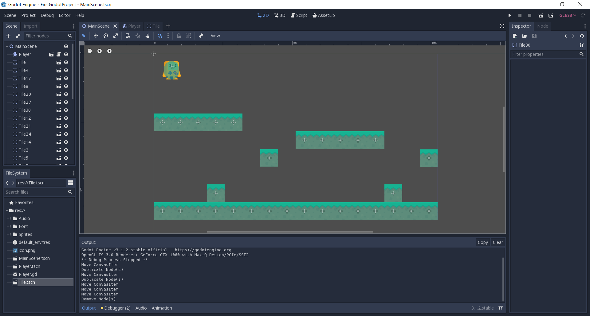Godot with a basic 2D platformer level created with tiles
