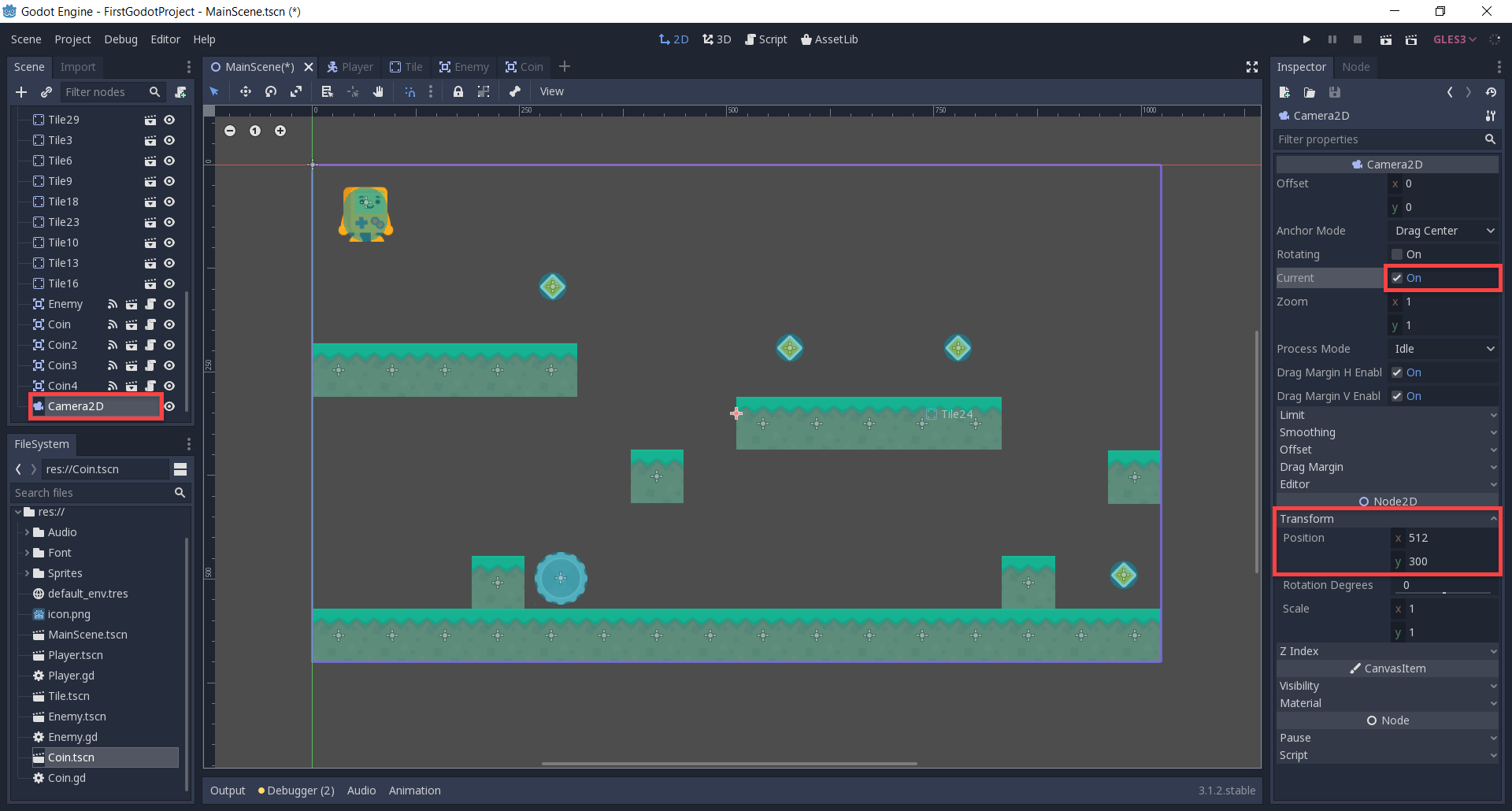 Godot with Camera2D selected and various properties highlighted