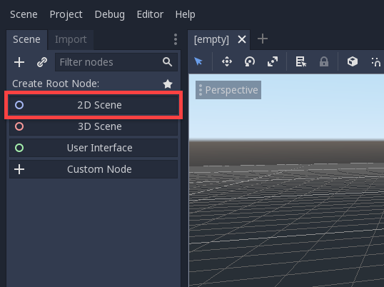 Godot Scene with 2D Scene selected for Root Node