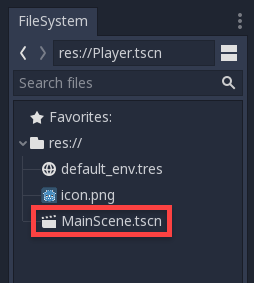 Godot FileSystem window with MainScene circled