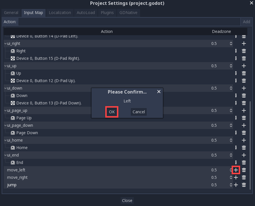 Godot Project Settings with Keys being added for 2D move actions