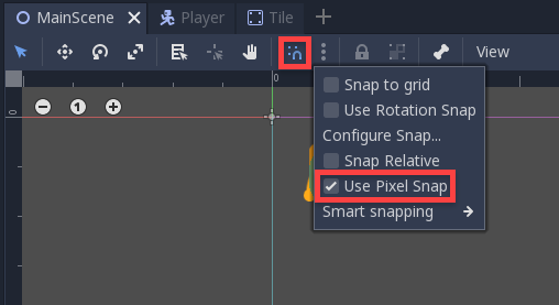Godot toolbar with Use Pixel Snap selected