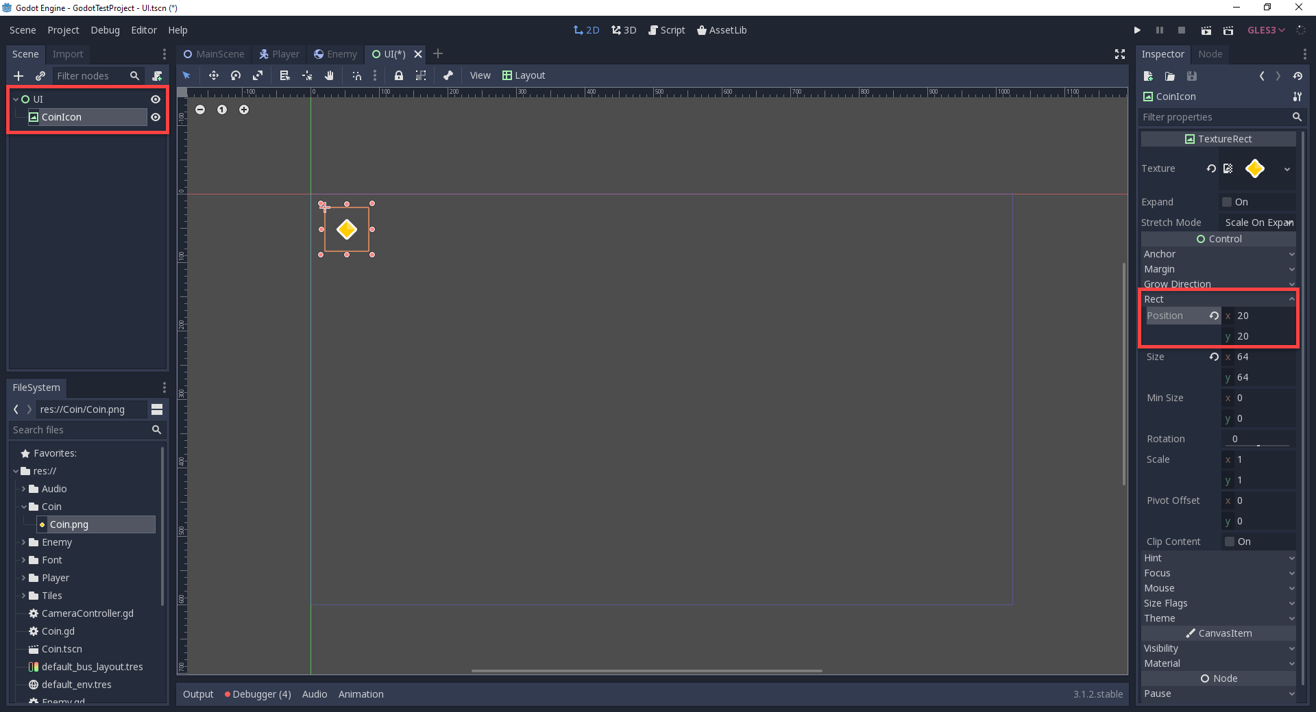 Godot with coin sprite added to UI