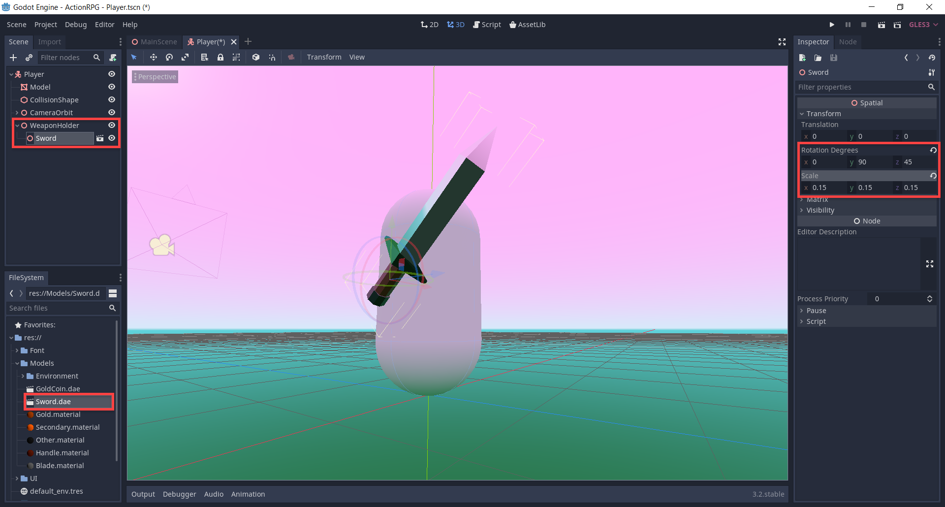 Player node in Godot with Sword added