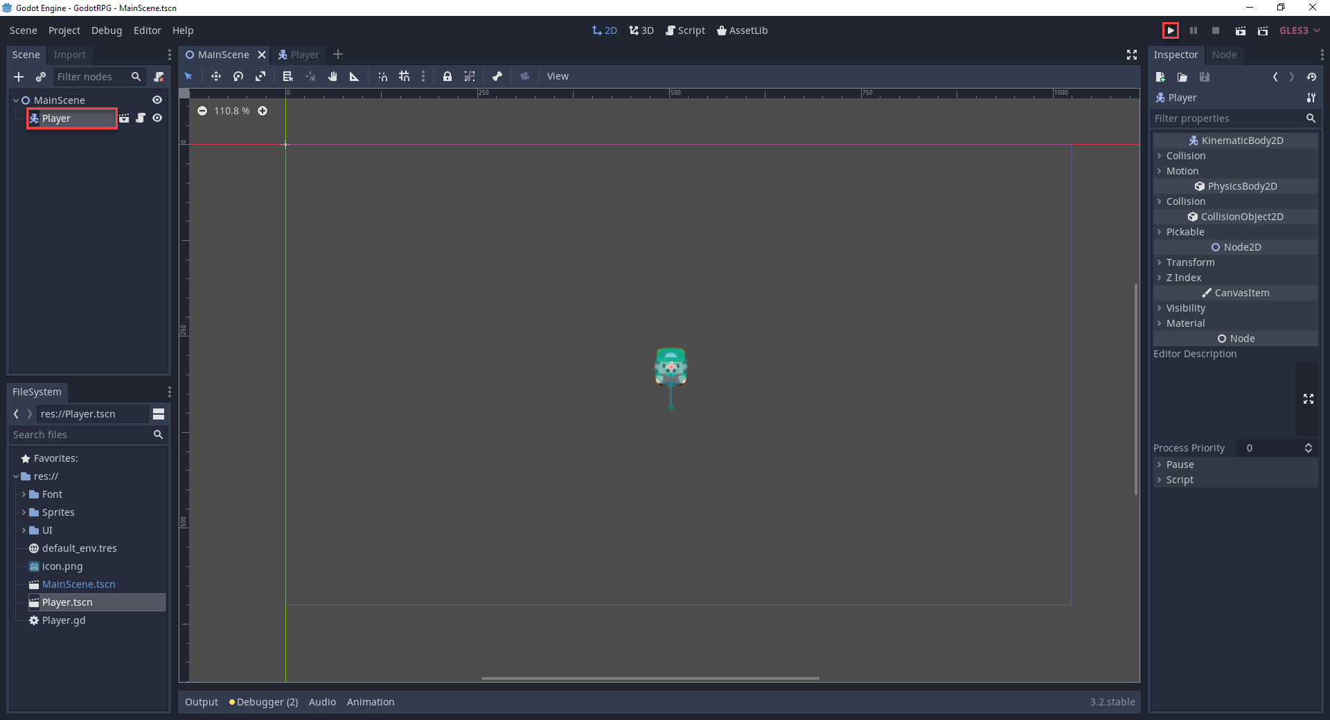 Player node added to MainScene in Godot 2D RPG project