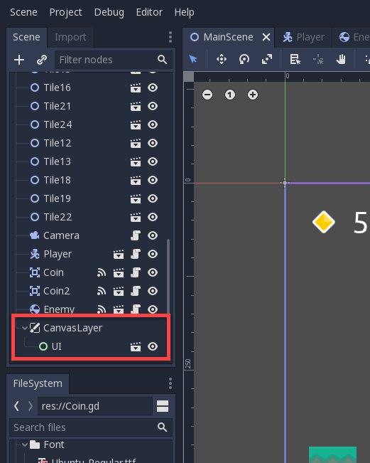 Godot CanvasLayer in Scene window with UI added