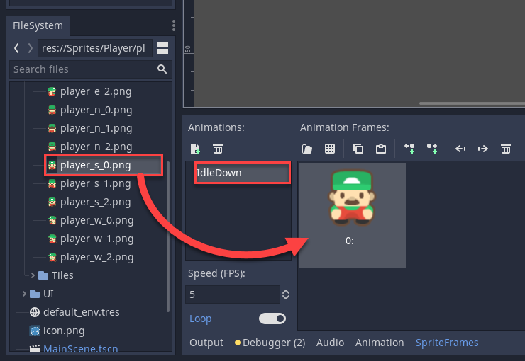 Godot Animations windows with IdleDown sprite added