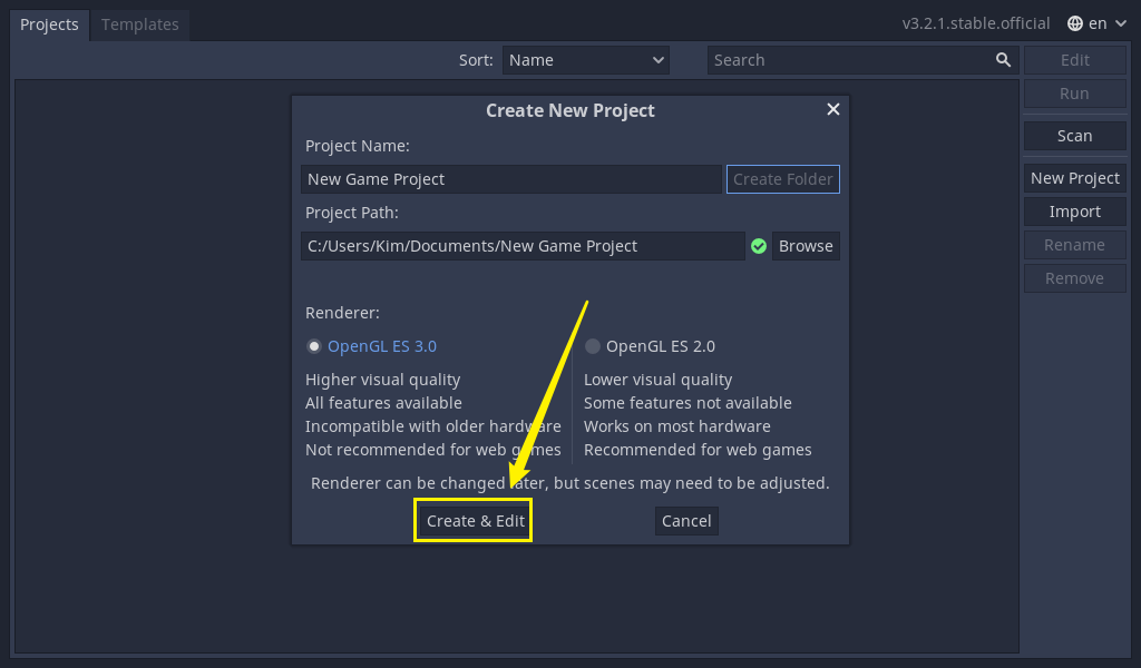 Godot Create New Project window with Create & Edit button pointed to