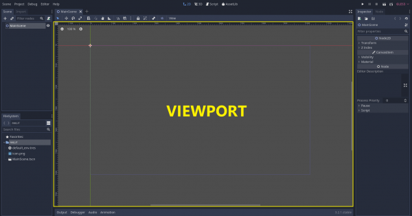 Godot editor with viewport area highlighted