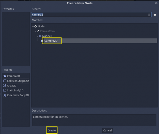 Godot Create New Node window with Camera2D selected