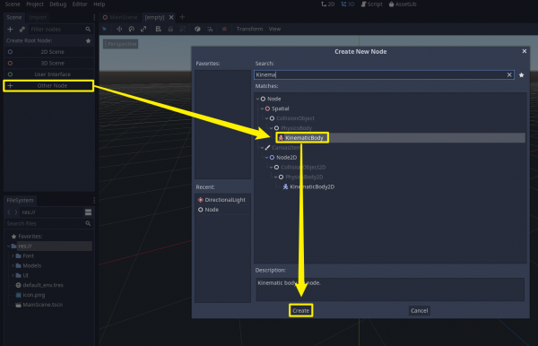 Godot Create New Node window for KinematicBody