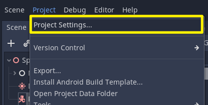 Godot Project window with Project Settings selected