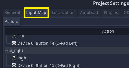Godot Project Settings with Input Map tab selected