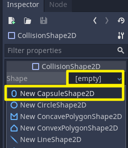 Godot Inspector with Collision shape selected