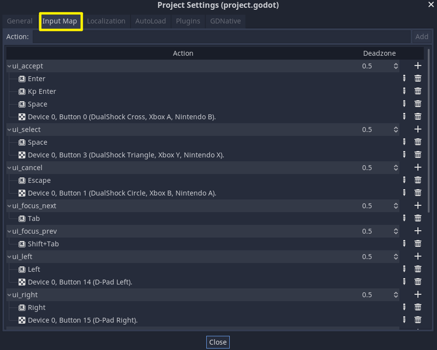 Godot Input Map in Project Settings