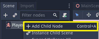 Add Child Node option in Godot menu